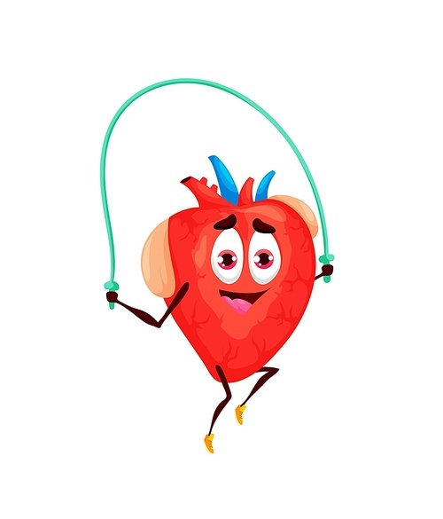 Cartoon human heart character personage jumping rope. Vector internal body organ sportsman doing fitness exercises, anatomy science for kids education, cardiology medicine, health care and sport