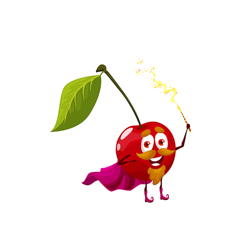 Cartoon cherry old wizard character, vector funny berry magician, senior necromancer with beard, cape and magic wand making spell. Funny wiz conjurer, smiling sorcerer, healthy fascinator personage