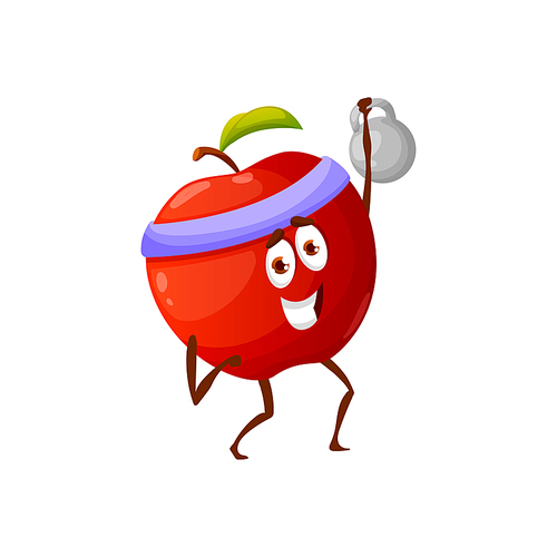 Cartoon apple on fitness with dumbbell isolated happy character in sport band. Vector comic active fruit on trainings with heavy barbell in hand. Healthy apple active way of life, hobby sport activity