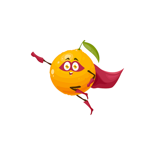 Funny cartoon orange fruit superhero character. Vector citrus super hero flying personage in cape, boots, gloves and mask fly with raised arm. Fairy tale healthy food, isolated smiling tropical plant