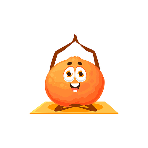 Mandarin cartoon character fitness yoga pilates sport activity workout isolated mascot. Vector clementine citrus fruit, sportive emoticon doing exercises. Vector tangerine orange citrus fruit on mat
