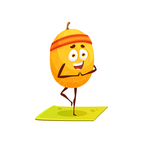 Yellow citrus lemon fruit cartoon character in sport band with face, hands and legs standing on fitness pilates mat isolated. Vector juicy lemon, tropical citron, sour fruit food dessert, happy smile