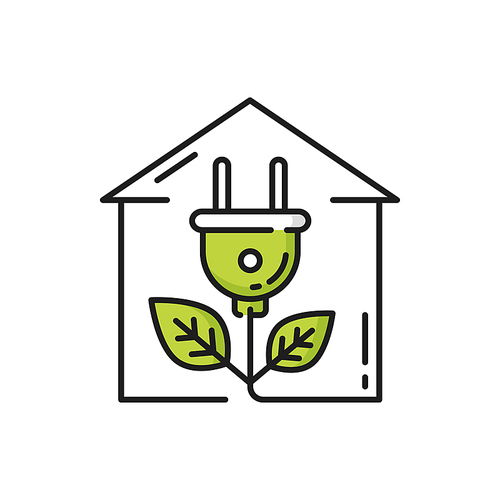 Green renewable energy in house, electric plug isolated line icon. Vector modern house, electric plug with leaves, eco energy. Home with plant plug shape, eco friendly building, outlet with leaf