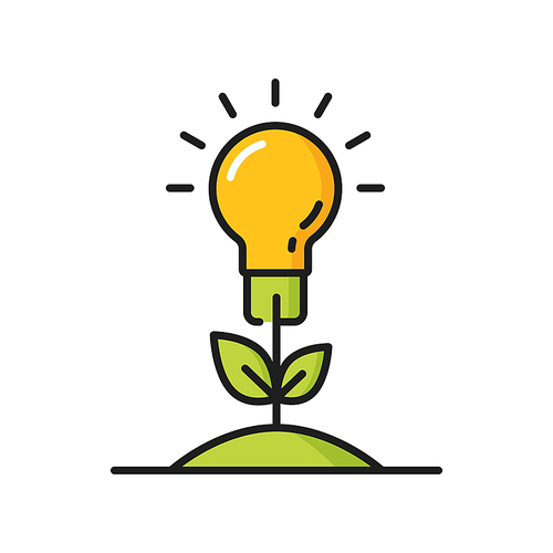 Lightbulb growing in soil as plant eco environment isolated line icon. Vector green sprout gardened in Earth, ecology friendly environment, renewable sources. Lightbulb with leaves, pure planet