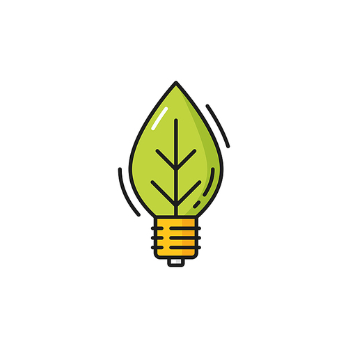Lightbulb in shape of leaf plant, eco environment isolated color line icon. Vector pure planet and save the Earth concept, renewable green energy source, lightbulb with leaf, innovation technologies
