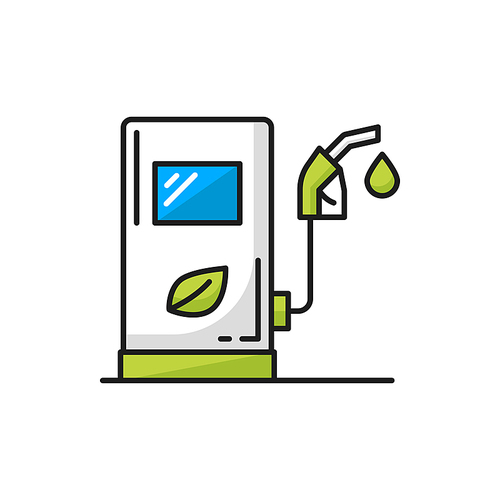 Fuel service station with eco friendly biodizel isolated color line icon. Vector charging station for electrical car, green drive color sign. Station service with biodizel fill. Eco friendly transport