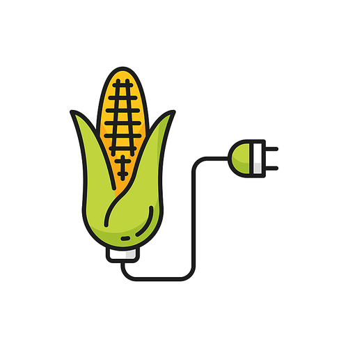 Corn biofuel and electric plug isolated color thin line icon. Vector green energy vegetable fossil, renewable energy source. Alternative environment friendly fuel, biorefinery maize biodiesel color