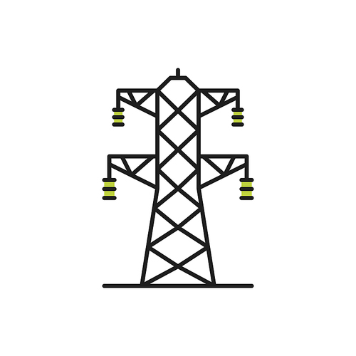 High voltage transmission tower line art generator isolated icon. Vector electricity pylon structure, steel lattice tower to support power. Two phase transmission towers power lines color sign