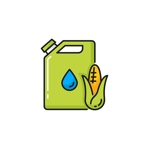 Corn biofuel canister can isolated natural fuel color line icon. Vector green energy, jerrican with oil sign. Gallon and vegetable fossil. Ethanol made of corn and maize, environmental friendly fuel