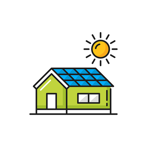 Solar panels on house, renewable energy sun power isolated color thin line icon. Vector modern architecture, environmentally friendly cottage. Green home with sun energy source, eco friendly building
