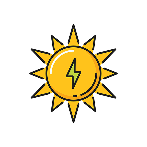 Thunder lightning and sun green energy sources isolated color line icon. Vector green energy source, sunbeam, sunrise and sunset sign. Thunderstorm weather forecast emblem, lightening bolt flash