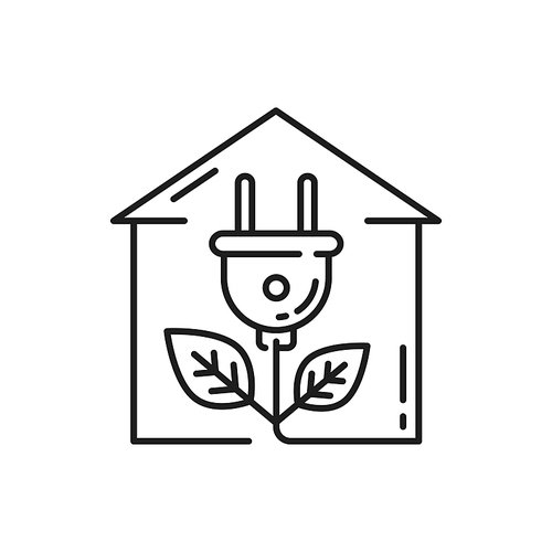 House with renewable alternative energy sources isolated thin line icon. Vector green home with plant plug shape, eco friendly building, outlet with leaf. Modern architecture electric plug with leaves