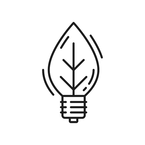 Green eco energy, bulb in shape of leaf, eco friendly environment thin line icon. Vector renewable energy source, lightbulb with leave, pure planet and save the Earth concept, renewable energy