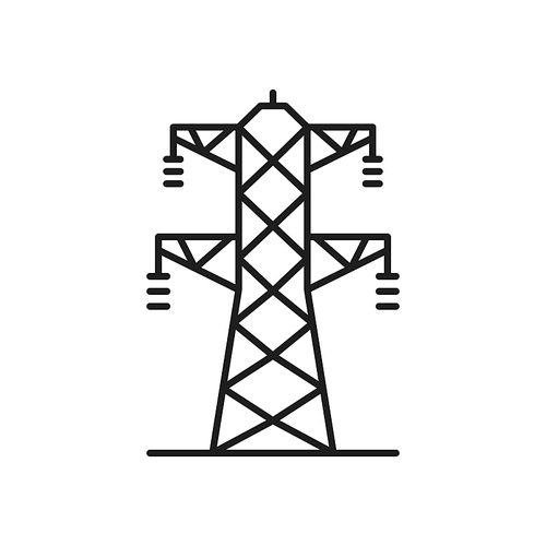 Lattice tower and overhead power line isolated thin line icon. Vector two phase transmission towers power lines outline sign. Electricity pylon structure, steel lattice tower to support power line