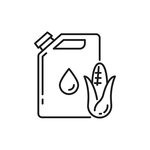 Biofuel biomass in canister isolated thin line icon. Vector ethanol made of corn and maize, alternative environmental friendly fuel. Green energy, jerrican with oil sign. Gallon and vegetable fossil