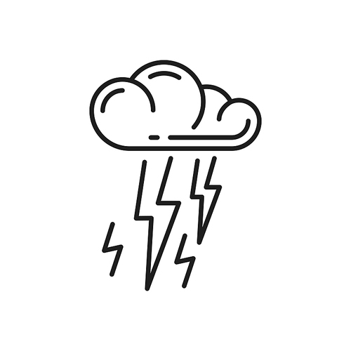 Cloud and lighting bolt isolated natural energy source thin line icon. Vector eco friendly clean and green energy, rainy weather sign, weather forecast sign outline meteorology thunderstorm symbol