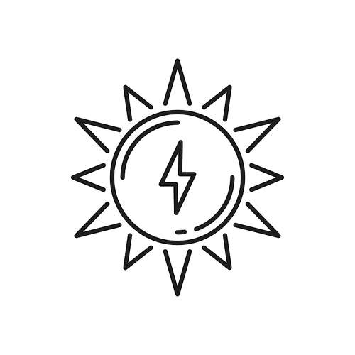 Sun and thunder lightning isolated green energy sources thin line icon. Vector sunrise and sunset sign, lightening bolt flash, thunderstorm weather forecast emblem. Green energy source, sunbeam