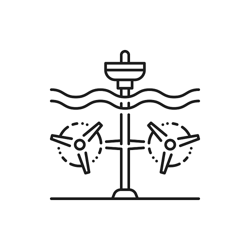 Wave station alternative energy source isolated thin line icon. Vector hydro energy generation, tidal power plant with turbines. Green energy wave electricity generator, clean environment outline