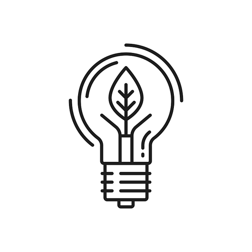 Green eco energy, bulb in shape of leaf, eco friendly environment thin line icon. Vector renewable energy source, lightbulb with leave, pure planet and save the Earth concept, renewable energy