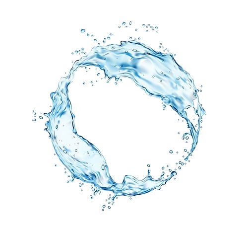 Transparent blue water round swirl frame with splash and bubbles, vector. Realistic 3d water with splashing drops whirl, liquid blue clear aqua wave with fresh droplet of clean drink with pouring flow