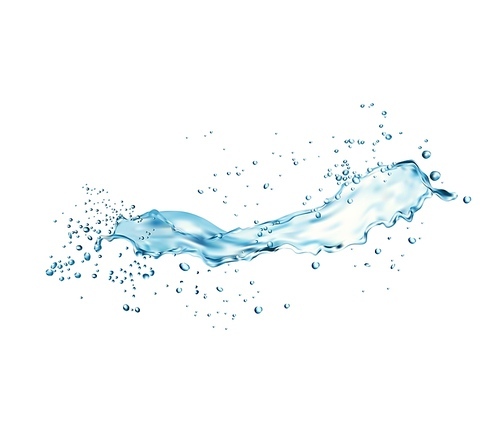 Transparent long water splash with drops, liquid blue clear aqua wave. Realistic 3D vector. Water flow with droplets of clean drink with ripples in motion and water pouring flow bubbles