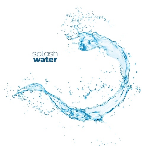 Swirl transparent water splash or wave flow with splatters. Isolated clean blue vector water splashing with in pour flow with drops or liquid clear aqua with fresh drops of crystal pure drink