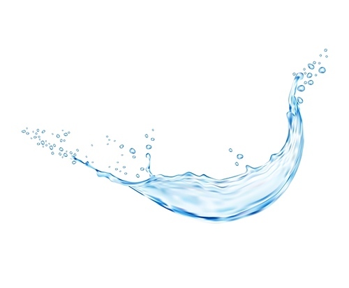 Water splash with wave swirl and liquid drops, vector fresh water aqua. Realistic transparent blue water splashing wave with swirl droplets, clean drink pouring flow with bubbles