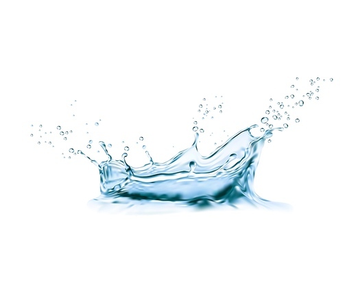 Crown water splash with swirl and drops. Blue aqua, transparent liquid splash with flying droplets frozen motion on clean water surface. Energy and purity concept, realistic vector design element