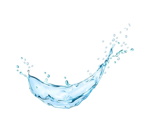 Transparent blue water wave swirl splash. Pure liquid, natural freshwater or clean aqua falling motion. Realistic 3d vector water splash or ripple with droplets, splatters and bubbles flying in air