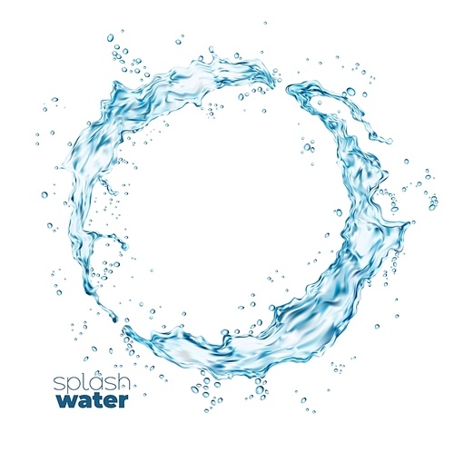 Round swirl water flow splash with splatters, vector isolated clean blue water wave. Water pour flow circle splashing with drops, liquid blue clear aqua with fresh droplets of crystal pure drink