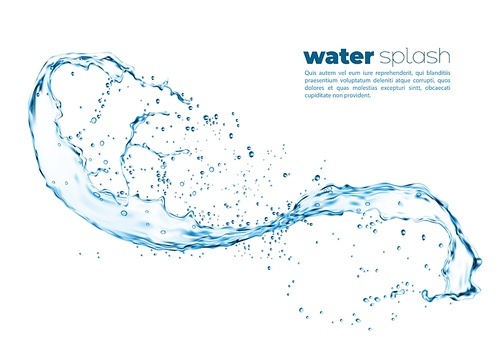 Isolated swirl transparent realistic water splash with drops. Vector liquid wave flow, splashing swirl aqua dynamic motion with spray droplets, fresh drink transparent whirl wave