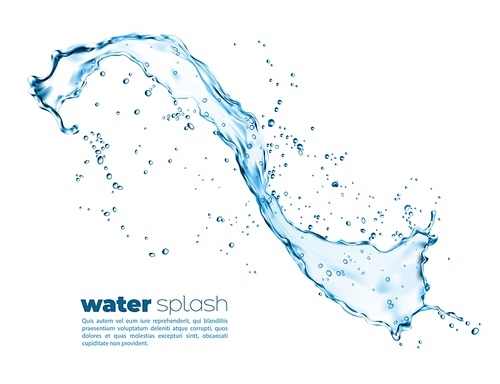 Isolated clean blue water wave splash with splatters, vector transparent pour flow. Water splashing with drops or liquid blue clear aqua with droplets of crystal pure drink and flowing spill