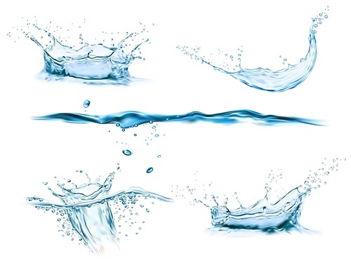 Water crown splash and wave swirl and drops. Vector liquid splashing aqua dynamic motion, blue water flow with spray droplets side view isolated on white background, realistic 3d pure water splashes