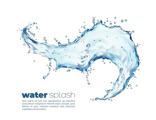 Isolated blue water wave splash with splatters. Clean vector liquid 3d flow with drops, transparent splashing aqua dynamic motion with spray droplets. Realistic fresh drink, hydration