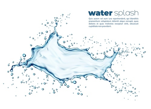 Isolated blue water splash and drops, realistic vector transparent liquid wave flow. Splashing aqua dynamic motion with spray droplets, fresh 3d drink advertising design