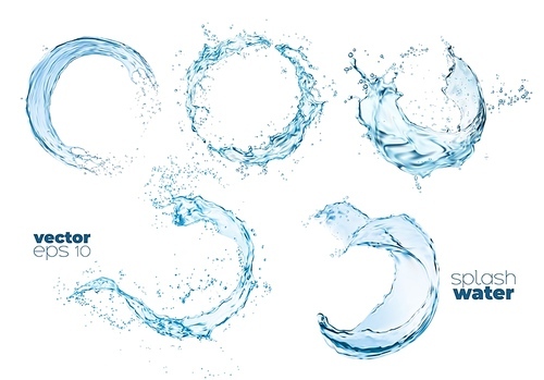 Round transparent water wave splash and swirls with drops, realistic vector. Water flow splatters of clean blue pure aqua with pour and splashing spill of fresh crystal drink droplets and bubbles