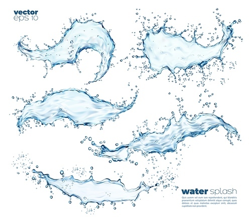 Isolated blue water wave splashes and flow with drops. Vector transparent liquid splashing fluids with droplets, realistic 3d elements, fresh clear aqua drink, flying or pour with air bubbles