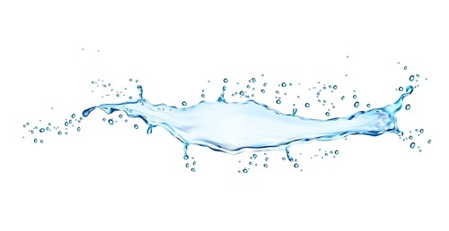 Isolated blue water splash with drops. Vector liquid water wave with splashing, dynamic aqua motion splash with spray droplets. Isolated transparent realistic 3d pure water flow