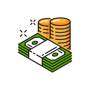 Paper green bills and golden coins, money payments isolated color line icons. Vector charity payments, currency and debt, business earnings. Finance banknotes, credit, money investment, inflation