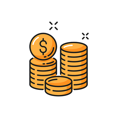 Dollar coins, money payments investments isolated color line icons. Vector money currency and debt, business earnings. Charity payments, investment, inflation financial loans, credit and cash