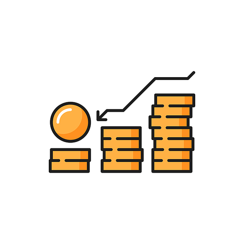 Coins stack with arrow down, money debt chart isolated color line icon. Vector budget recession, investment expenses. Financial crisis, arrow pointing down on graph over stack of gold coins, downtrend