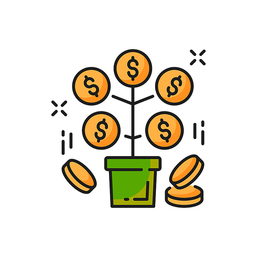 Financial investments and savings, money tree color line icon. Vector pension and retirement revenue. Branches with golden coins, growing up financial plant with dollar signs. Wealth and abundance