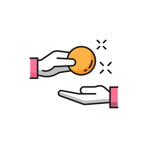 Receiving money icon, hand with coin make payment color line icon. Vector cashback or loan, reward or return coins, change, price off. Donation, funding, payday, bribe, pay for something, money refund