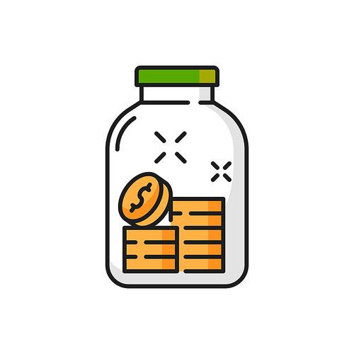 Money in glass jar moneybox isolate color line icon. Vector growth of income and savings, investment and wealth symbol, pile heap of gold coins. Business success, insurance, saving money in moneybox
