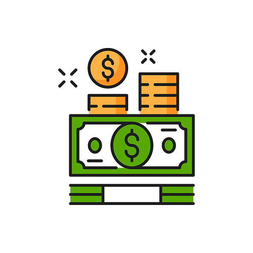 Money paper green bills and gold coins isolate flat line icon. Vector charity payments, finance banknotes, credit money transfer and transaction, investments. Currency and debt, business earnings