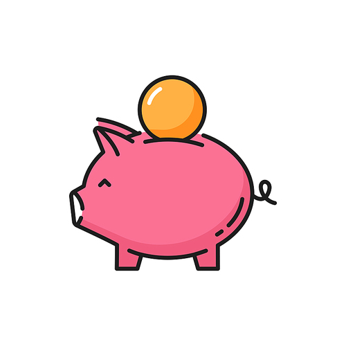 Piggy money bank with coin isolated flat line icon. Vector pink pig animal moneybox, financial economy and deposit, bonus revenue symbol. Save money concept, poverty and debt, saving budget