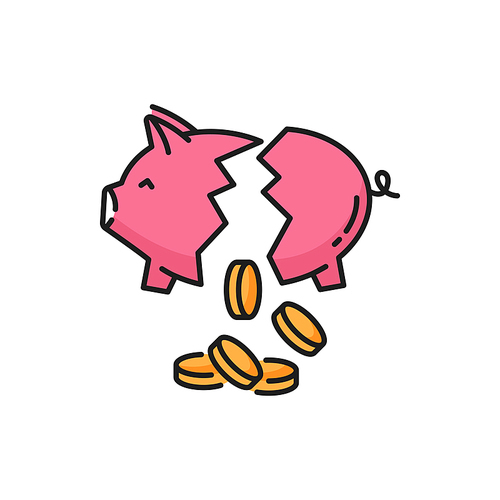 Broken piggy money bank with gold coins isolated flat line icon. Vector financial economy and deposit, crisis and debt, loss money, save budget. Debt and poverty, piggy pink animal moneybox