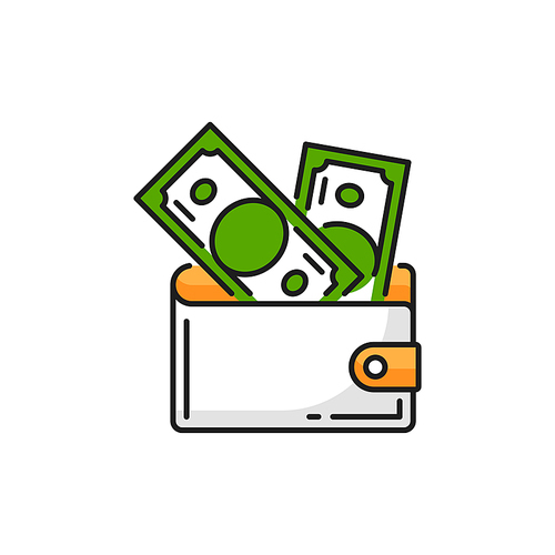 Leather wallet purse with paper money banknotes isolated flat line icon. Vector deposit or financial profit, buying and shopping sign. Leather purse with banknotes inside, symbol of financial income