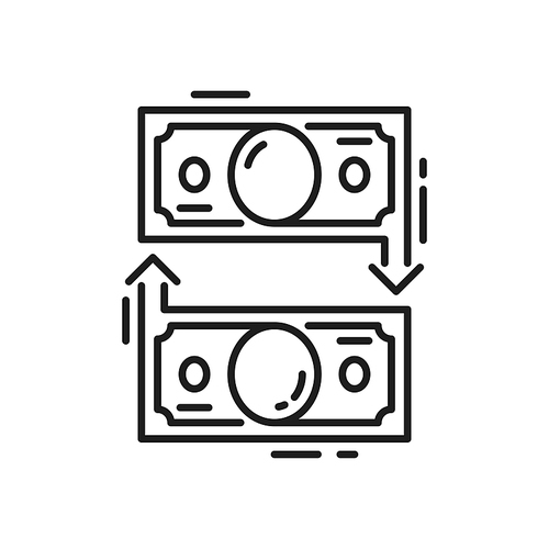 Cash money exchange isolated business operations thin line icon. Vector financial bills conversion, currency revenue, payments convert. Cash refund, eur and usd change, circular payment glow