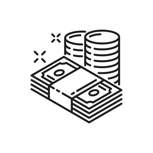 Money paper bills and coins isolated thin line icon. Vector finance banknotes, credit. Money transfer and transaction, charity payments, currency and debt, business earnings, investment, inflation